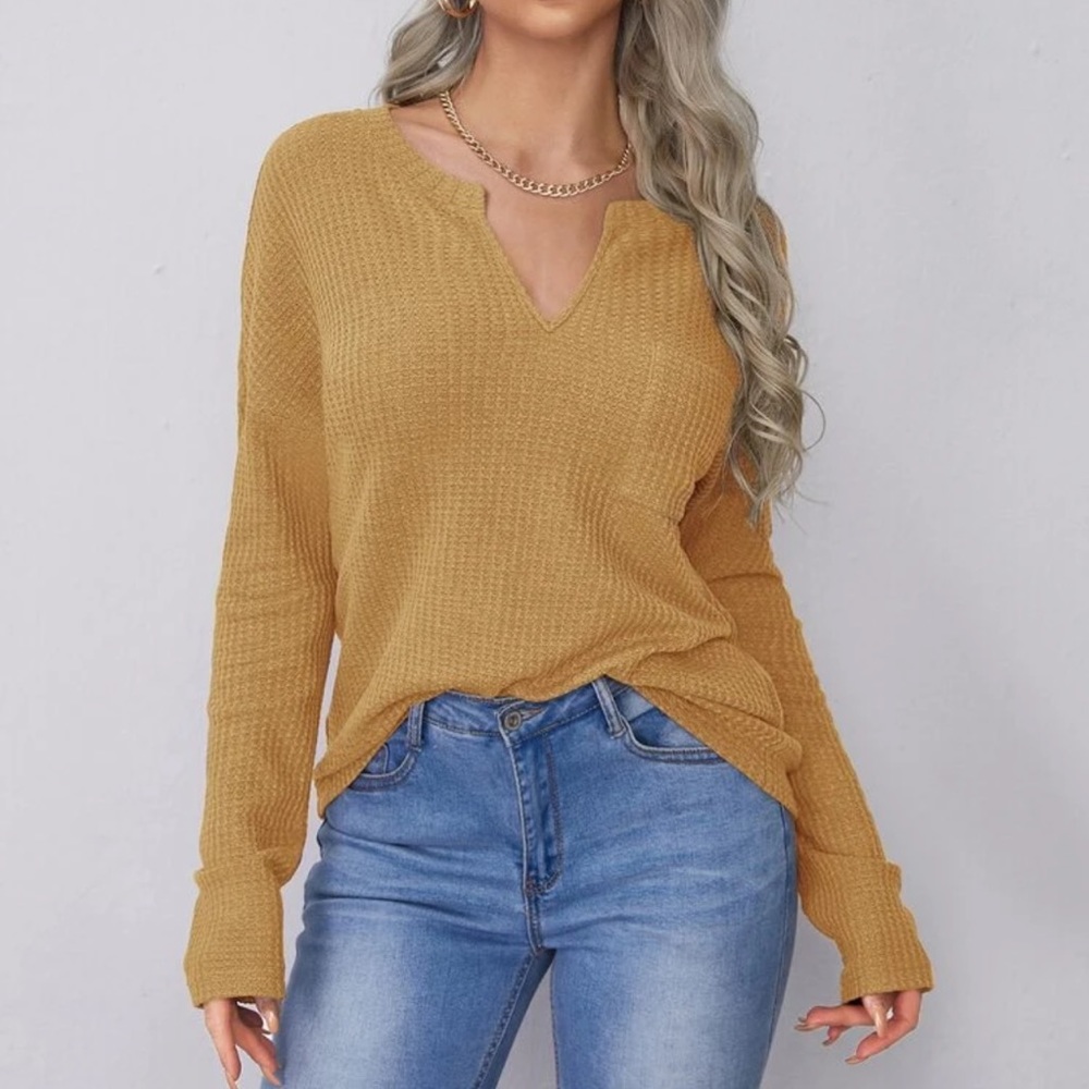 V neck waffle knit long sleeve tee shirt brown - Picture 6 of 14